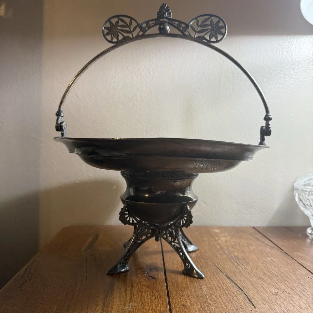 Vtg Victorian Silverplate Bride's Basket Pedestal Bowl